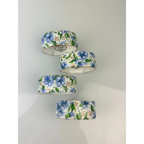 Two's Company Ainsley Chintz Blue Floral Ceramic Porcelain Napkin Rings Set of 4 - Picture 13 of 14